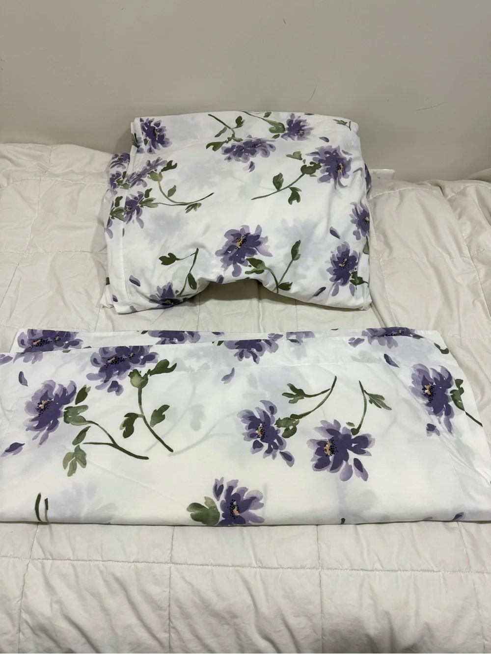 Pottery Barn 💯Cotton White Duvet Cover w/Purple Floral Print 2 Shams Full/Queen